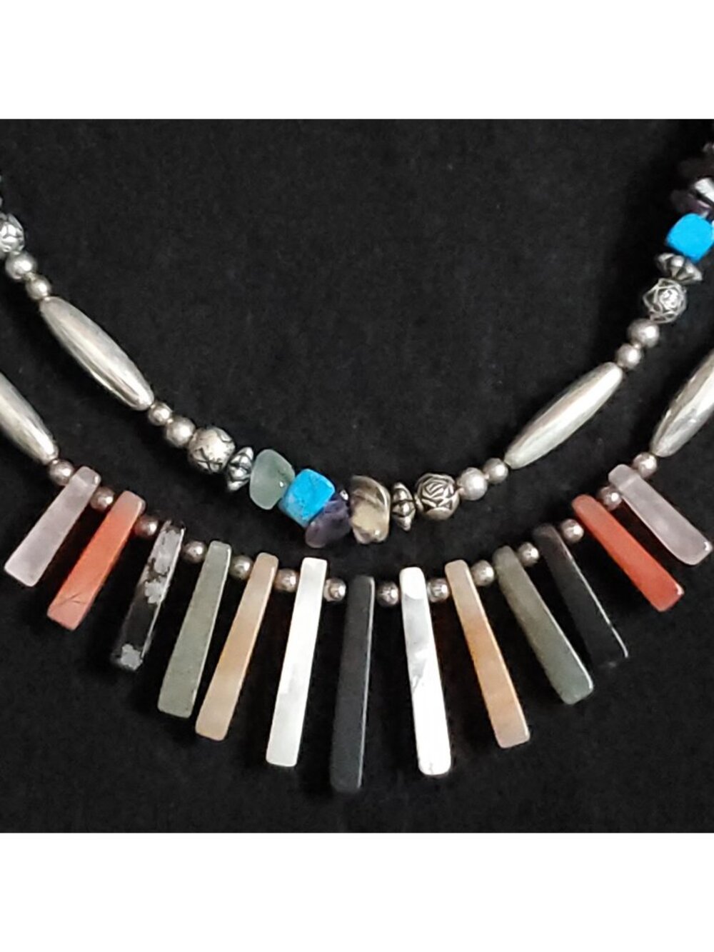 Southwestern Necklace Stone Beaded Dangle Layered Silver Tone